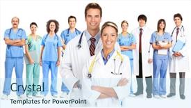  Presentation with medical error gavel and stethoscope - Theme with smiling medical doctors with stethoscopes background and a  colored foreground