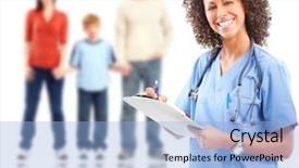  Presentation with doctor family - Slide deck with smiling medical family doctor woman background and a light blue colored foreground