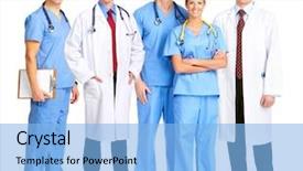  Presentation with medical - Amazing PPT theme having smiling medical people with stethoscopes backdrop and a light blue colored foreground