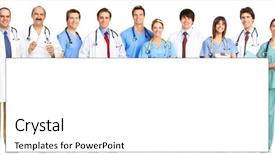  Presentation with medical error gavel and stethoscope - Theme with smiling medical people with stethoscopes background and a white colored foreground