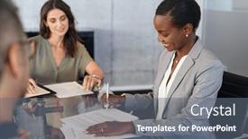  Presentation with agreement signing - Theme featuring smiling-mid-adult-businesswoman-signing background and a gray colored foreground