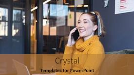  Presentation with wireless communication - Presentation theme with smiling-mid-adult-caucasian-businesswoman background and a gold colored foreground