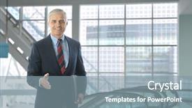  Presentation with hand shake office - PPT layouts having smiling middle aged businessman standing in the lobby of a modern office building man is wearing a blue blazer and khaki pants with hand extended to shake horizontal format background and a seafoam green colored foreground