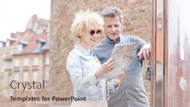  Presentation with aged map - Amazing PPT theme having smiling middle-aged couple reading map in city backdrop and a soft green colored foreground