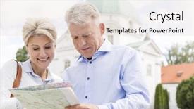  Presentation with aged map - Beautiful presentation design featuring smiling middle-aged couple reading map outdoors backdrop and a lemonade colored foreground