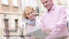  Presentation with aged map - Audience pleasing presentation theme consisting of smiling middle-aged couple reading map in city backdrop and a soft green colored foreground