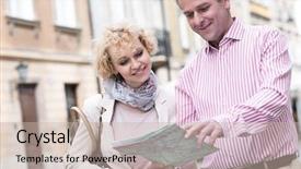  Presentation with aged map - Colorful presentation theme enhanced with smiling middle-aged couple reading map in city backdrop and a soft green colored foreground