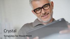  Presentation with aged - Slide deck featuring smiling middle-aged man connected background and a light gray colored foreground