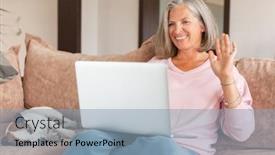  Presentation with web technology - Presentation design enhanced with smiling-middle-aged-woman-sit background and a light blue colored foreground