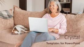  Presentation with senior living - Presentation design with smiling-middle-aged-woman-sit background and a coral colored foreground