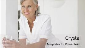  Presentation with water woman swimming underwater - Colorful PPT theme enhanced with smiling middle aged woman with water glass on verandah looking away backdrop and a light gray colored foreground