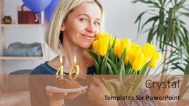  Presentation with birthday celebration - Presentation theme featuring smiling-middle-aged-woman background and a coral colored foreground