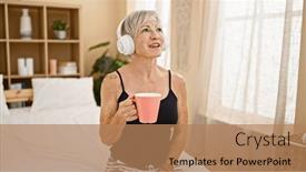  Presentation with listening woman - PPT layouts enhanced with smiling-middle-aged-woman and a coral colored foreground