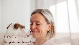  Presentation with play - Slide set having smiling-middle-woman-play background and a coral colored foreground