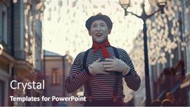  Presentation with mime - Colorful PPT theme enhanced with smiling-mime-on-the-street backdrop and a tawny brown colored foreground