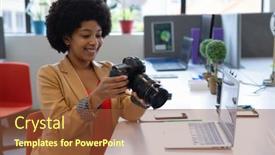  Presentation with social distancing - PPT layouts enhanced with smiling-mixed-race-businesswoman-sitting background and a tawny brown colored foreground
