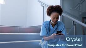  Presentation with hospital mask - Theme with smiling-mixed-race-female-doctor background and a ocean colored foreground