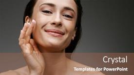  Presentation with aged - Cool new slide set with smiling-mod-aged-brunette-woman backdrop and a tawny brown colored foreground