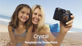  Presentation with digital self - PPT layouts with smiling mother and daughter taking self portrait through digital camera on beach background and a coral colored foreground