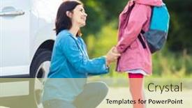  Presentation with saying goodbye - PPT theme with smiling-mother-bringing-daughter-back background and a soft green colored foreground