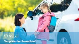  Presentation with saying goodbye - Presentation enhanced with smiling-mother-bringing-daughter-back background and a teal colored foreground