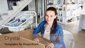  Presentation with working mother - PPT theme consisting of smiling-mother-working-on-laptop background and a coral colored foreground