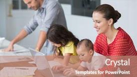  Presentation with working mother - Slides enhanced with smiling mother working on laptop background and a coral colored foreground