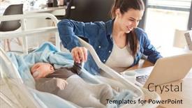  Presentation with working mother - Presentation having smiling-mother-working-on-pc background and a coral colored foreground