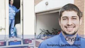  Presentation with nsw moving - PPT theme with smiling mover with moving truck background and a teal colored foreground