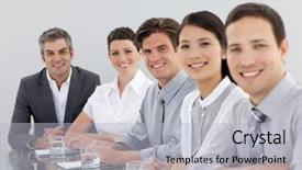  Presentation with five business people standing together and smiling - Presentation design with smiling multi-ethnic business people background and a  colored foreground