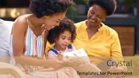  Presentation with family reading - Presentation having smiling-multi-generation-female-family background and a coral colored foreground