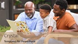  Presentation with family reading - Slide set featuring smiling-multi-generation-male-family background and a coral colored foreground