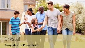  Presentation with home garden - Amazing PPT theme having smiling-multi-generation-mixed-race backdrop and a yellow colored foreground