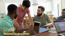  Presentation with entrepreneur - Presentation design consisting of smiling-multiracial-male-entrepreneur-talking background and a  colored foreground