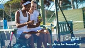  Presentation with female sport - Slide deck consisting of smiling-multiracial-young-female-tennis background and a ocean colored foreground
