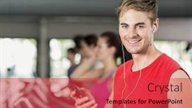  Presentation with treadmill - Cool new PPT layouts with smiling muscular man on treadmill listening to music at gym backdrop and a red colored foreground