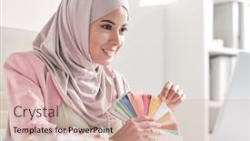  Presentation with video conferencing - Presentation theme enhanced with smiling-muslim-designer-in-pink background and a soft green colored foreground