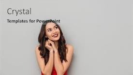  Presentation with mystery - Colorful slide set enhanced with smiling mystery brunette woman in casual clothes looking up with arms near face over grey background backdrop and a light gray colored foreground