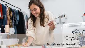  Presentation with smiling little girl - Audience pleasing slides consisting of smiling-nice-brunette-girl-seamstress backdrop and a soft green colored foreground