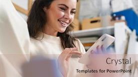  Presentation with phone - Theme having smiling-nice-brunette-girl-seamstress background and a coral colored foreground