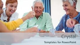  Presentation with playing cards - Colorful slide set enhanced with smiling nurse and seniors people playing cards in a retirement home backdrop and a sky blue colored foreground