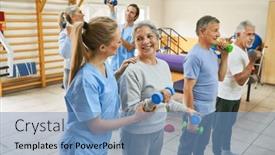  Presentation with rehab - PPT layouts consisting of smiling-nurse-assisting-elderly-woman background and a teal colored foreground