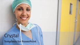  Presentation with nursing to nurse communication - PPT theme featuring smiling nurse leans against white background and a light blue colored foreground
