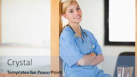  Presentation with healthcare workers - PPT theme consisting of smiling nurse sitting with arms crossed in hospital reception healthcare workers in the coronavirus covid19 pandemic background and a light blue colored foreground