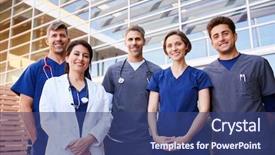  Presentation with healthcare ethics - Theme consisting of smiling nurses doctors - five healthcare colleagues standing outdoors background and a ocean colored foreground