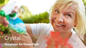  Presentation with flowers - Slide set consisting of smiling-old-woman-watering-flowers background and a coral colored foreground
