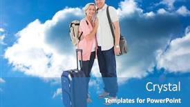  Presentation with older couple - Slides featuring smiling older couple going on their holidays against cloudy sky background and a teal colored foreground