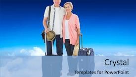  Presentation with older couple - Amazing PPT theme having smiling older couple going on their holidays against blue sky over clouds backdrop and a light blue colored foreground