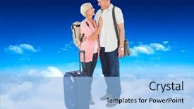  Presentation with older couple - Beautiful PPT layouts featuring smiling older couple going on their holidays against bright blue sky over clouds backdrop and a light blue colored foreground