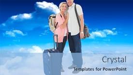  Presentation with older couple - Cool new PPT theme with smiling older couple going on their holidays against bright blue sky with clouds backdrop and a light blue colored foreground